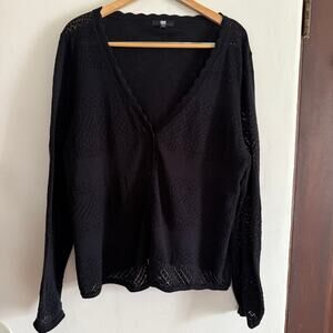 FRYE | Black Cotton Pointelle Slub Knit Scallop trim cardigan | XXL